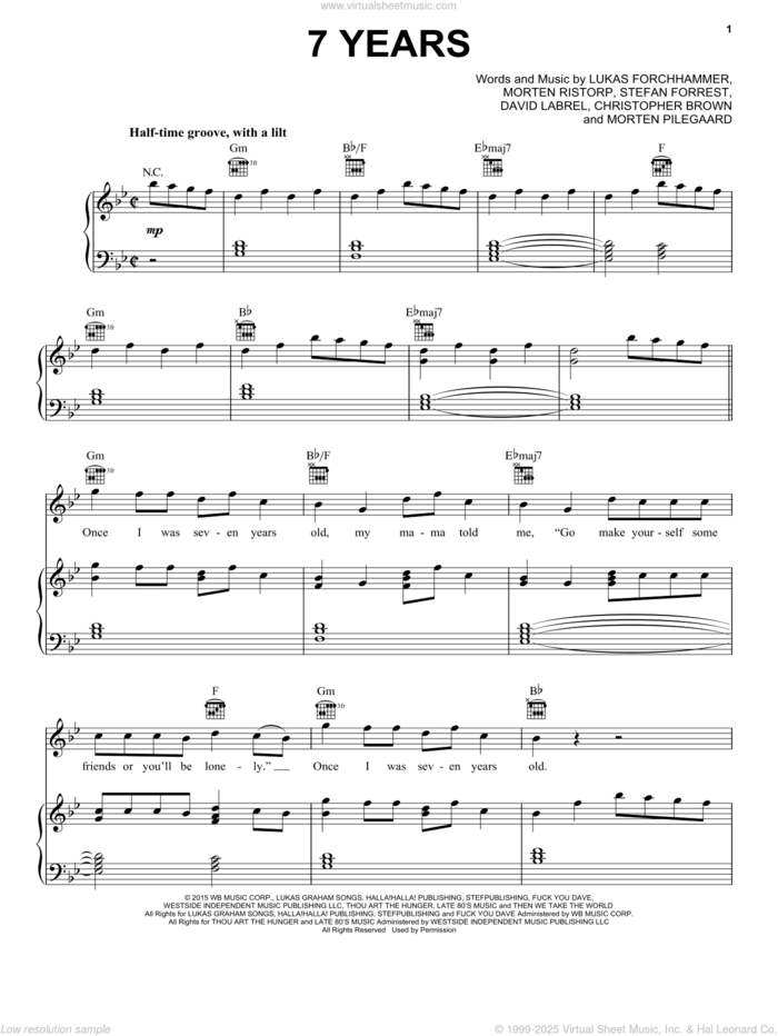 7 Years sheet music for voice, piano or guitar plus backing track by Lukas Graham, Chris Brown, David Labrel, Lukas Forchhammer, Morten Pilegaard, Morten Ristorp and Stefan Forrest, intermediate skill level