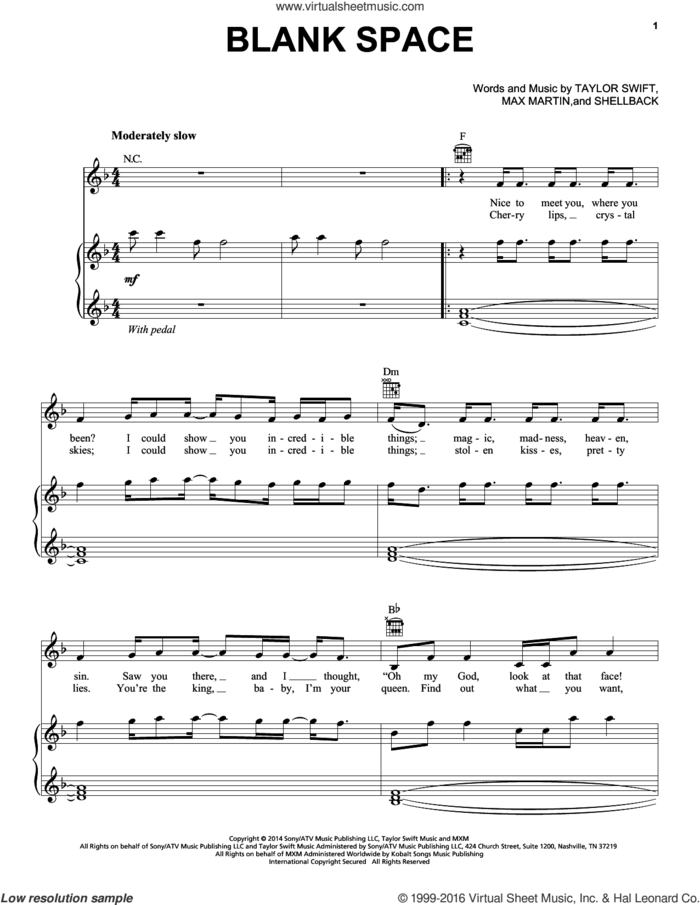 Blank Space sheet music for voice, piano or guitar plus backing track by Taylor Swift, Johan Schuster, Max Martin and Shellback, intermediate skill level