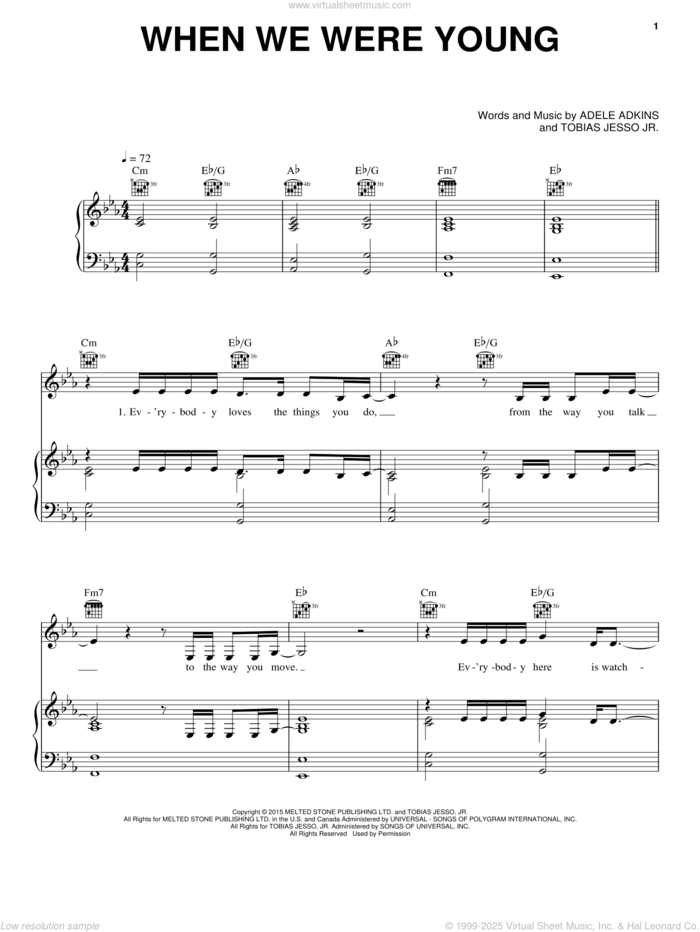 When We Were Young sheet music for voice, piano or guitar plus backing track by Adele, Adele Adkins and Tobias Jesso Jr., intermediate skill level