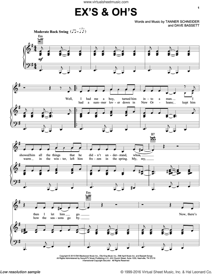 Ex's and Oh's sheet music for voice, piano or guitar plus backing track by Elle King, Dave Bassett and Tanner Schneider, intermediate skill level