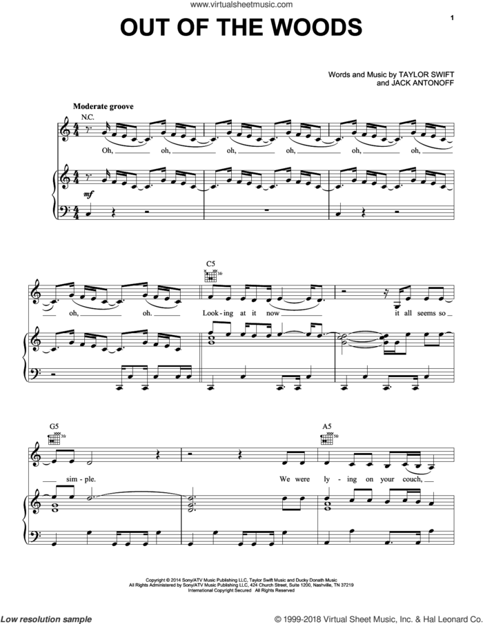 Out Of The Woods sheet music for voice, piano or guitar plus backing track by Taylor Swift and Jack Antonoff, intermediate skill level