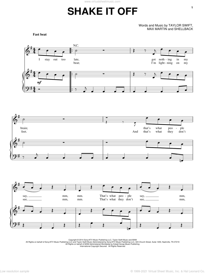 Shake It Off sheet music for voice, piano or guitar plus backing track by Taylor Swift, Johan Schuster, Max Martin and Shellback, intermediate skill level