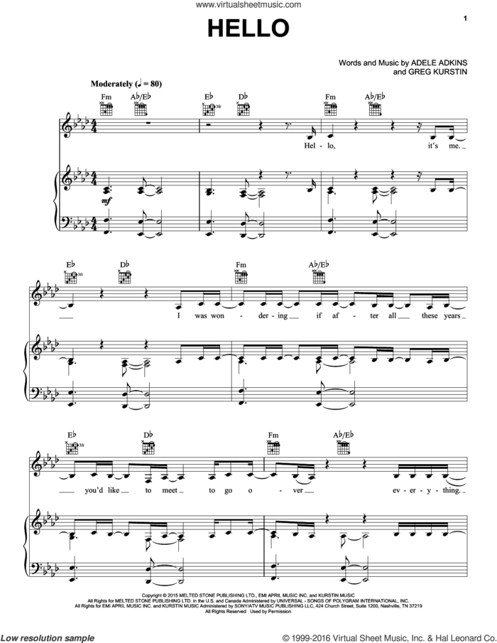Hello sheet music for voice, piano or guitar plus backing track by Adele, Adele Adkins and Greg Kurstin, intermediate skill level