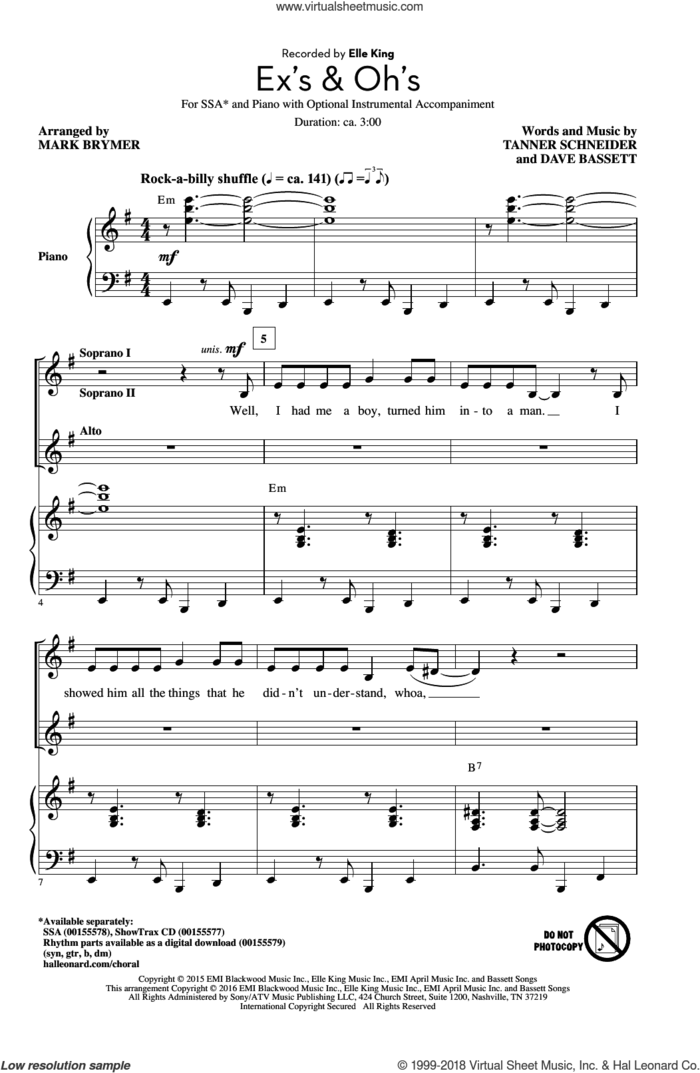 Ex's and Oh's sheet music for choir (SSA: soprano, alto) by Dave Bassett, Mark Brymer, Elle King and Tanner Schneider, intermediate skill level