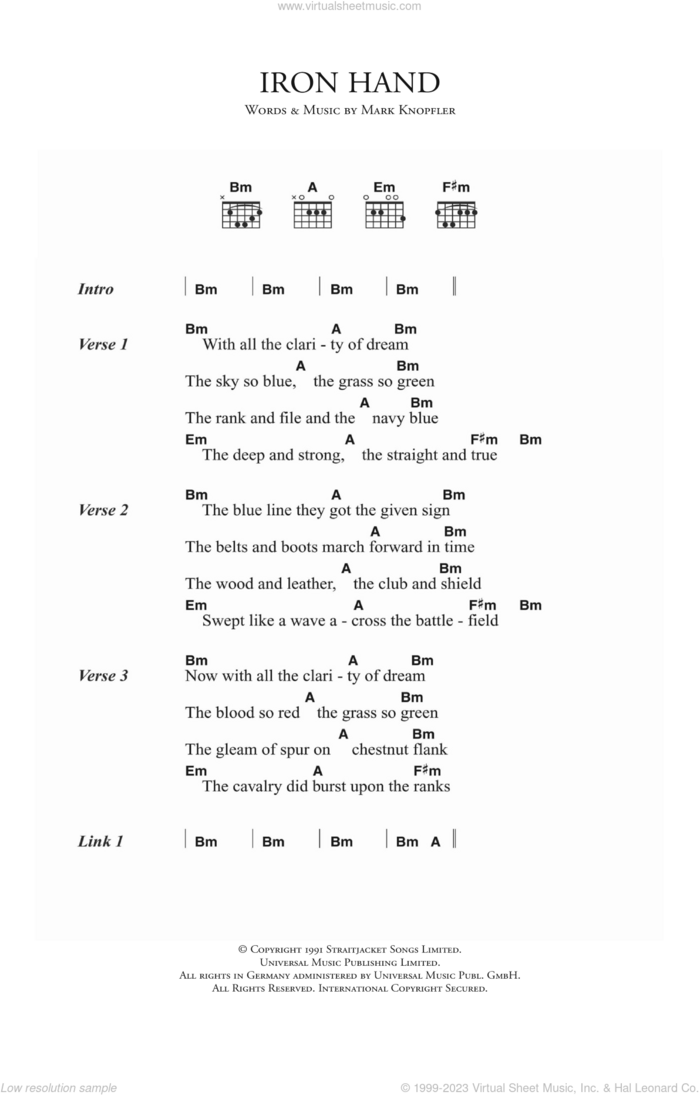 Iron Hand sheet music for guitar (chords) by Dire Straits and Mark Knopfler, intermediate skill level