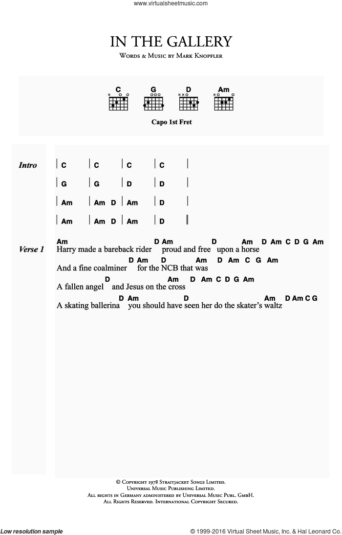 In The Gallery sheet music for guitar (chords) by Dire Straits and Mark Knopfler, intermediate skill level