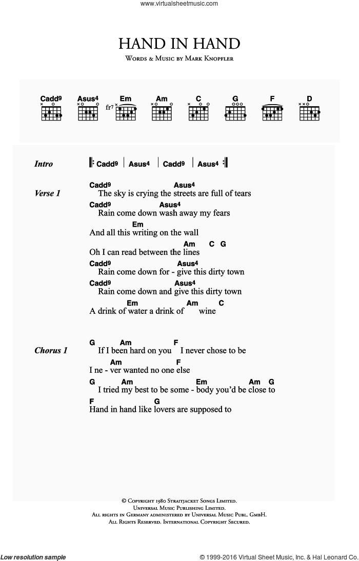 Hand In Hand sheet music for guitar (chords) by Dire Straits and Mark Knopfler, intermediate skill level