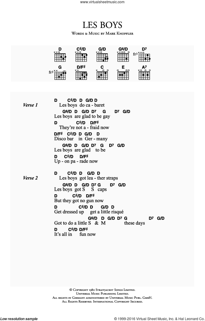 Les Boys sheet music for guitar (chords) by Dire Straits and Mark Knopfler, intermediate skill level