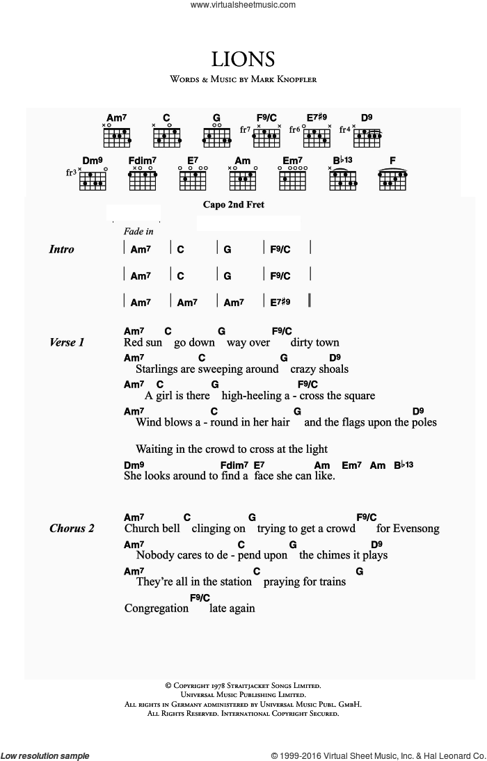 Lions sheet music for guitar (chords) by Dire Straits and Mark Knopfler, intermediate skill level