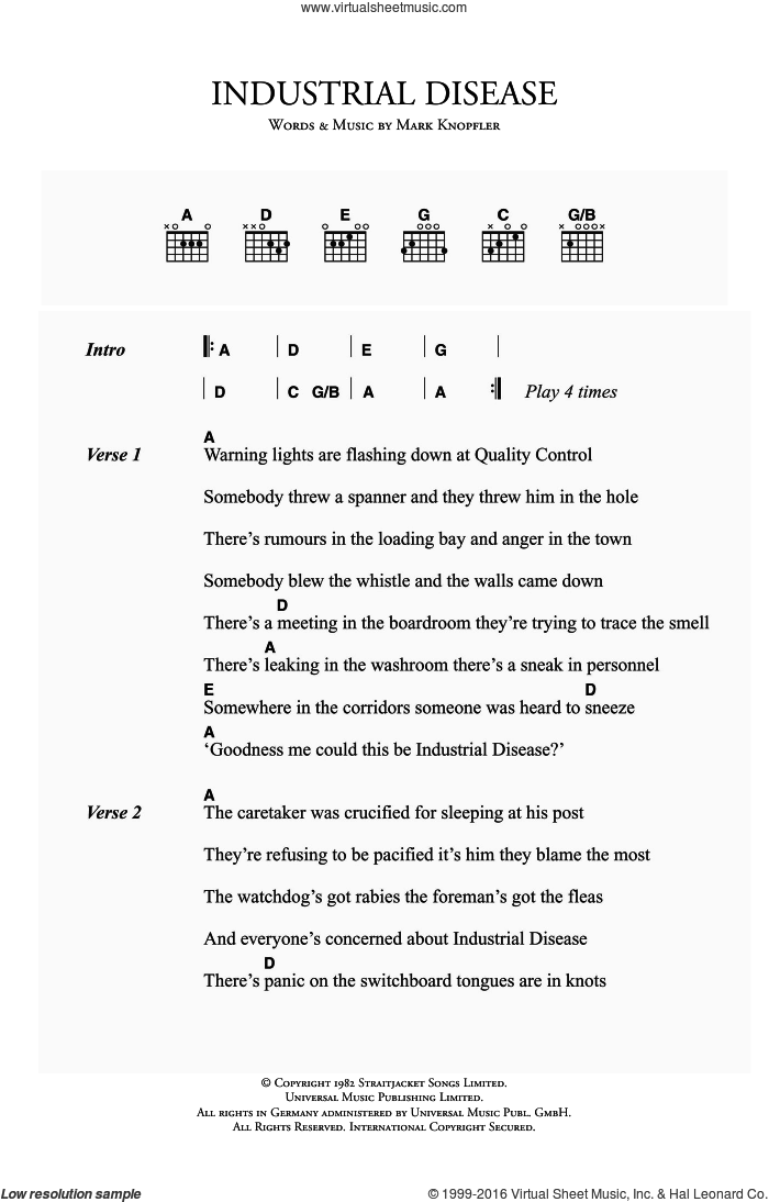 Industrial Disease sheet music for guitar (chords) by Dire Straits and Mark Knopfler, intermediate skill level