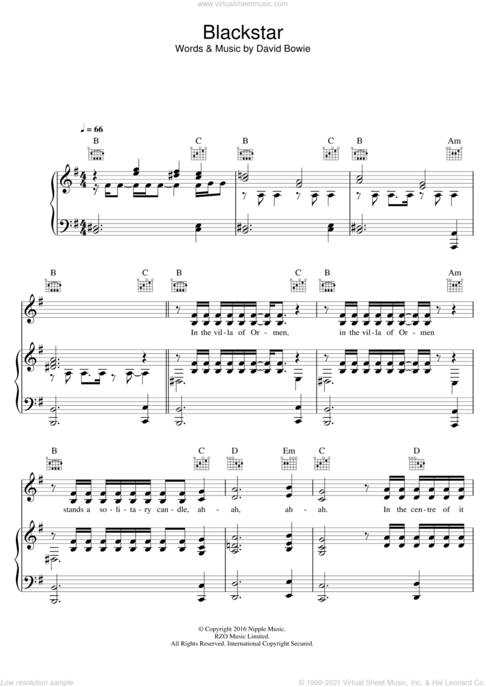 Blackstar sheet music for voice, piano or guitar by David Bowie, intermediate skill level