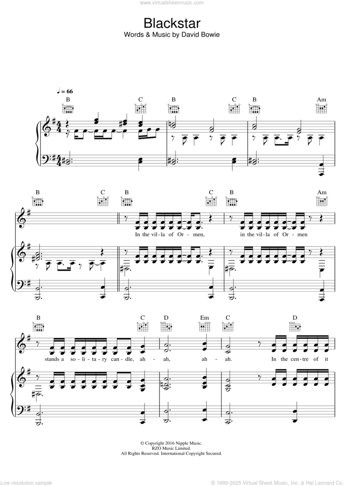 Blackstar sheet music for voice, piano or guitar by David Bowie, intermediate skill level