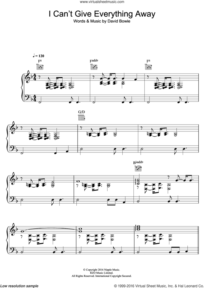 I Can't Give Everything Away sheet music for voice, piano or guitar by David Bowie, intermediate skill level