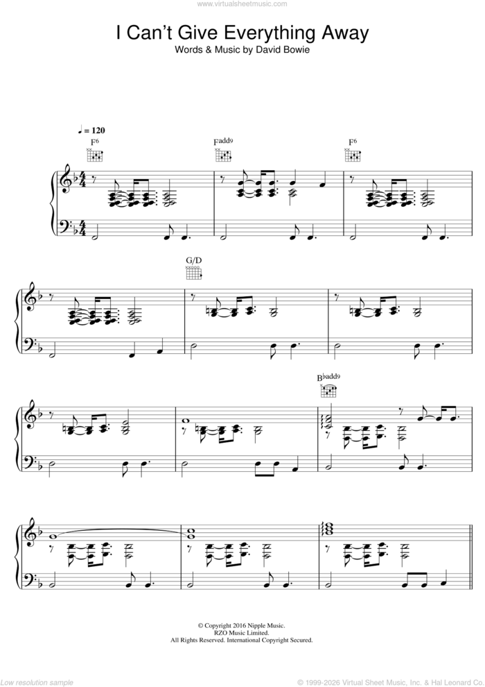 I Can't Give Everything Away sheet music for voice, piano or guitar by David Bowie, intermediate skill level