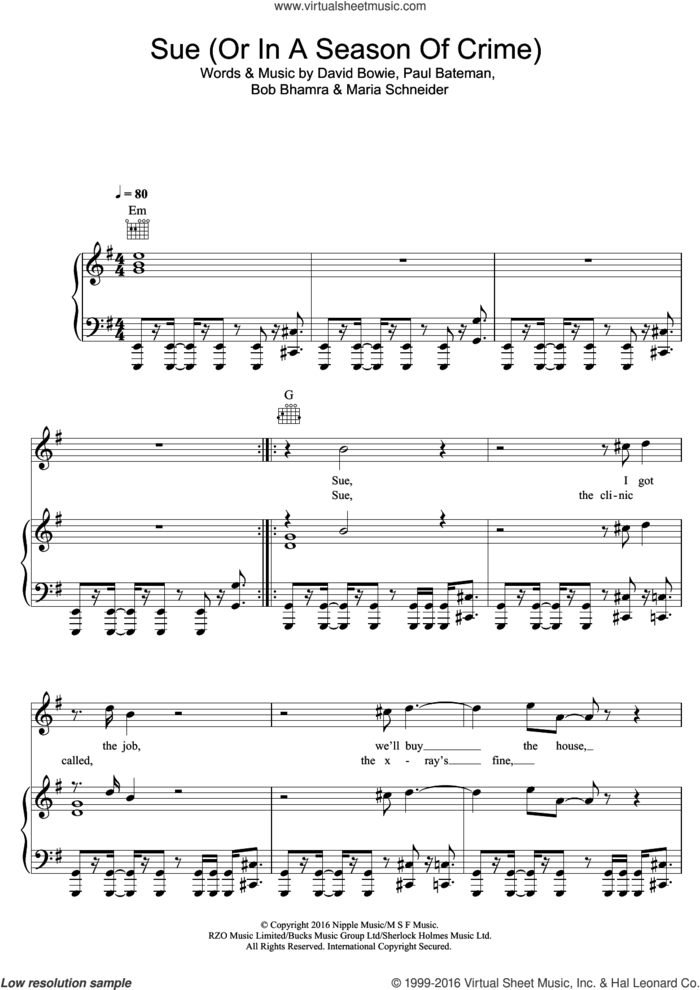 Sue (Or In A Season Of Crime) sheet music for voice, piano or guitar by David Bowie, Bob Bhamra, Maria Schneider and Paul Bateman, intermediate skill level