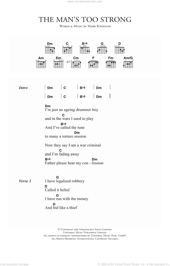 The Man's Too Strong sheet music for guitar (chords) by Dire Straits and Mark Knopfler, intermediate skill level