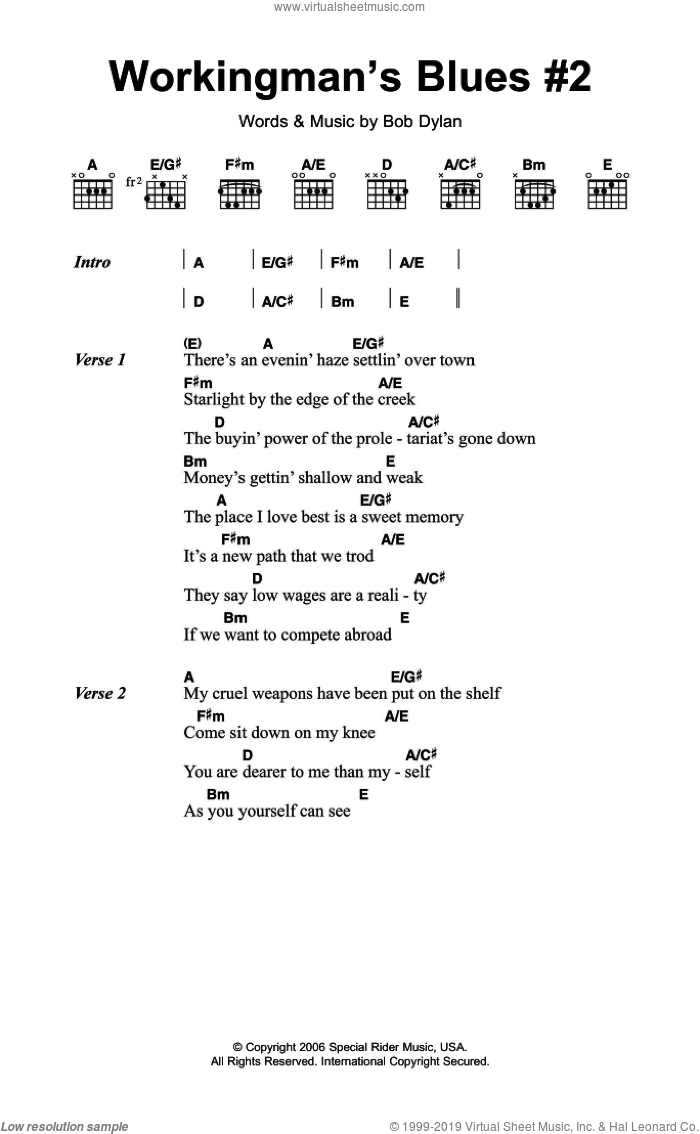 Workingman's Blues # 2 sheet music for guitar (chords) by Bob Dylan, intermediate skill level