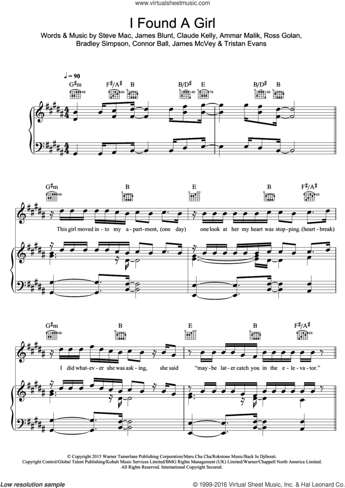 I Found A Girl sheet music for voice, piano or guitar by The Vamps, Ammar Malik, Bradley Simpson, Claude Kelly, Connor Ball, James Blunt, James McVey, Ross Golan, Steve Mac and Tristan Evans, intermediate skill level