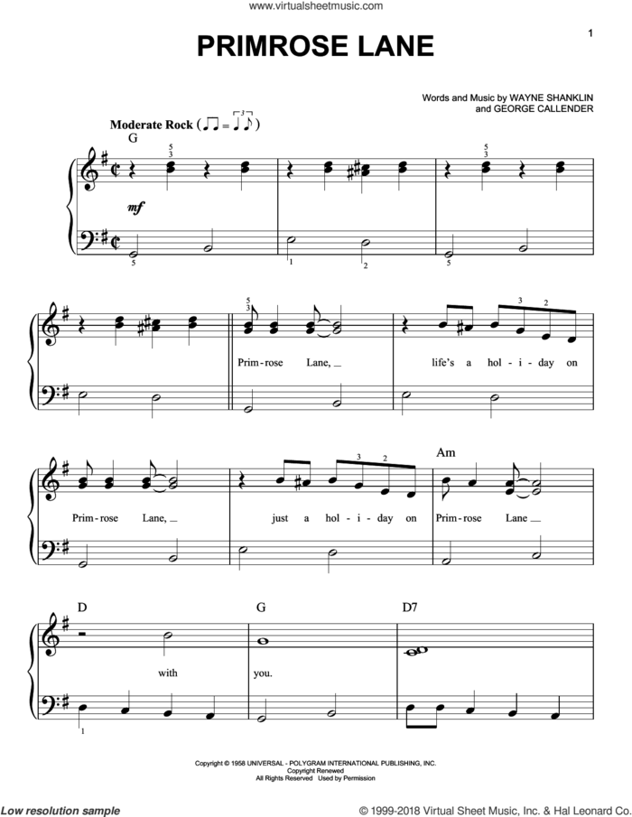 Primrose Lane sheet music for piano solo by Jerry Wallace, George Callender and Wayne Shanklin, beginner skill level
