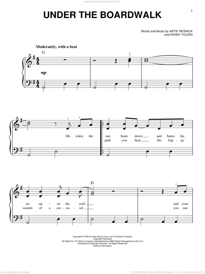 Under The Boardwalk, (beginner) sheet music for piano solo by The Drifters, Bette Midler, Artie Resnick and Kenny Young, beginner skill level