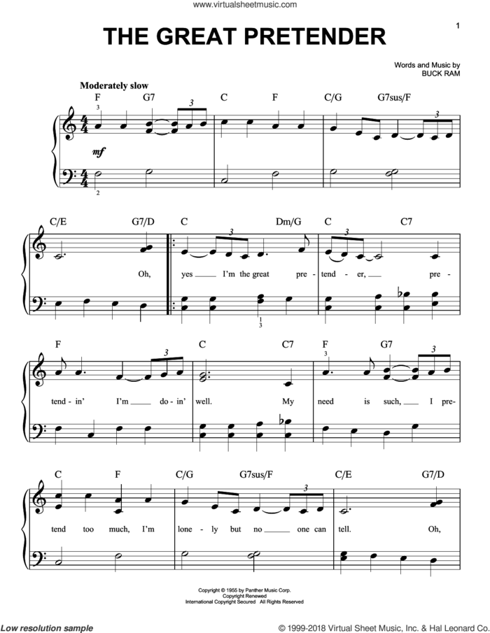 The Great Pretender, (beginner) sheet music for piano solo by The Platters and Buck Ram, beginner skill level
