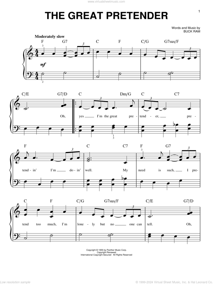 The Great Pretender, (beginner) sheet music for piano solo by The Platters and Buck Ram, beginner skill level