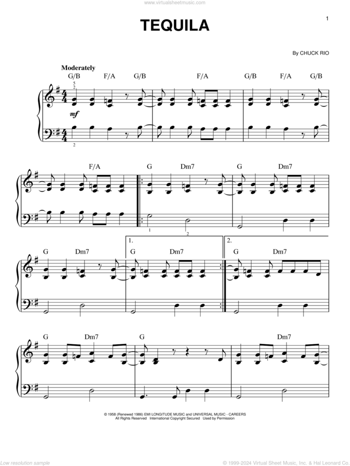 Tequila sheet music for piano solo by The Champs and Chuck Rio, beginner skill level