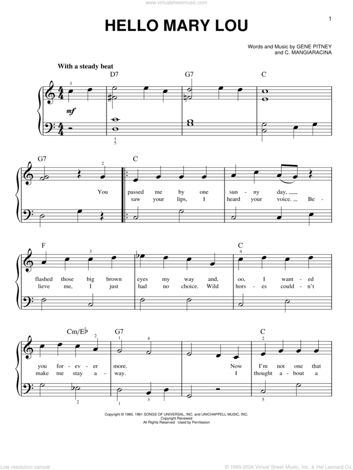 Hello Mary Lou sheet music for piano solo by Statler Brothers, Ricky Nelson, C. Mangiaracina and Gene Pitney, beginner skill level