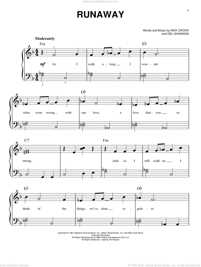 Del Shannon Runaway sheet music for piano solo (PDFinteractive)