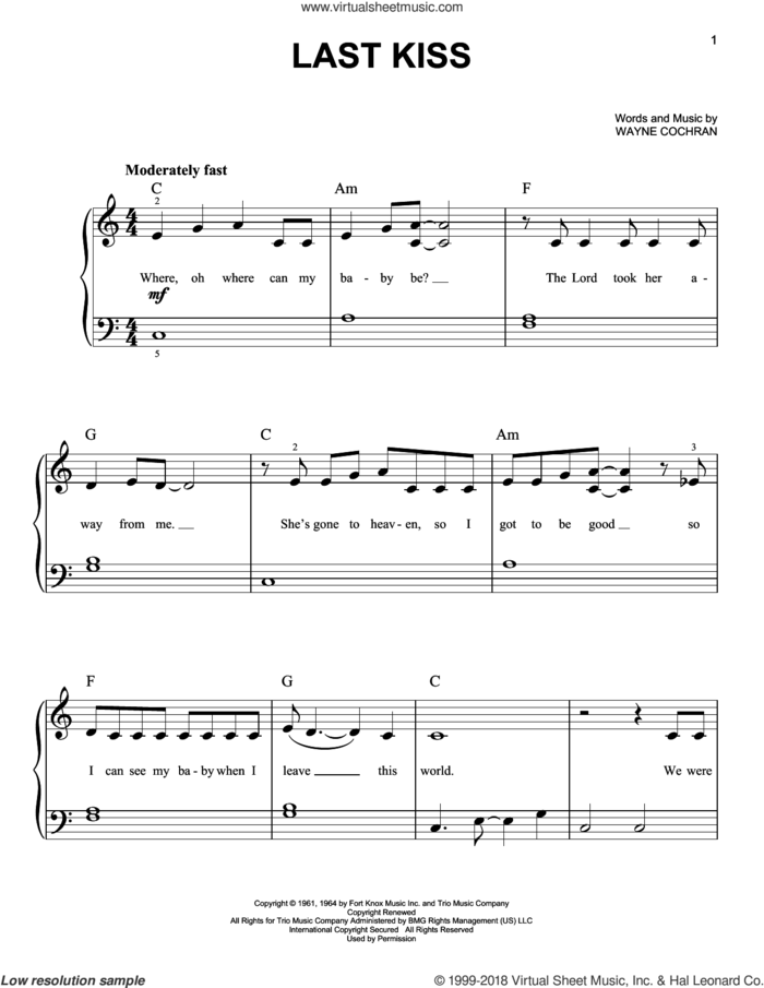 Last Kiss sheet music for piano solo by J. Frank Wilson, Pearl Jam and Wayne Cochran, beginner skill level