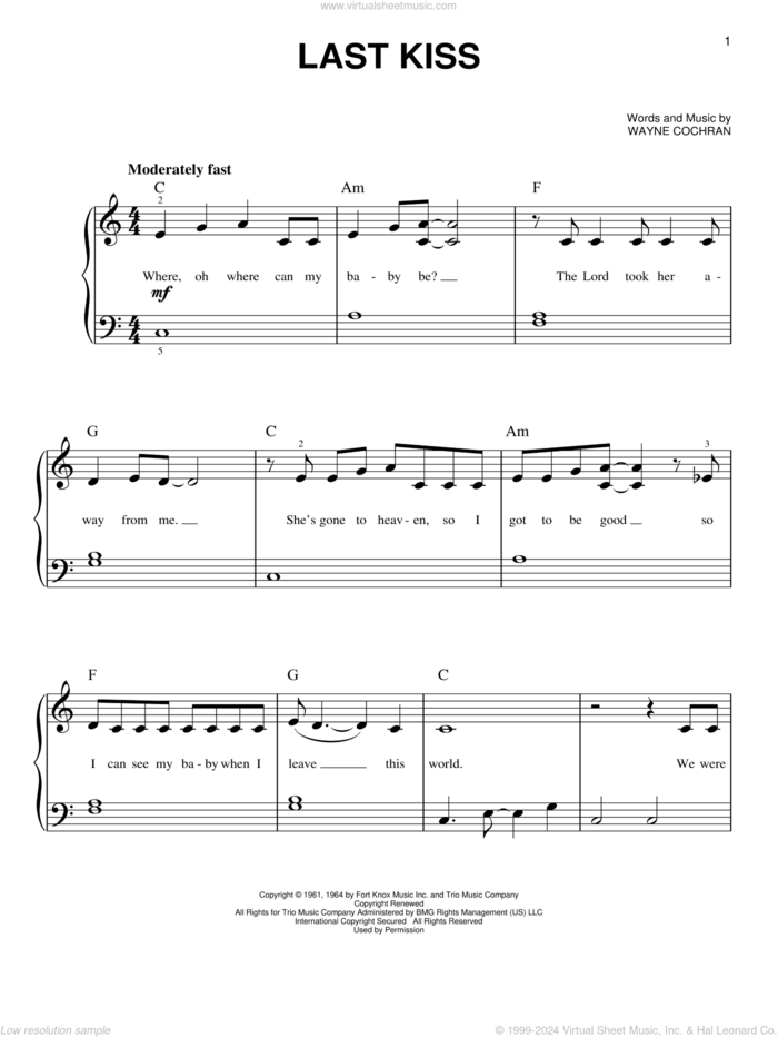 Last Kiss sheet music for piano solo by J. Frank Wilson, Pearl Jam and Wayne Cochran, beginner skill level