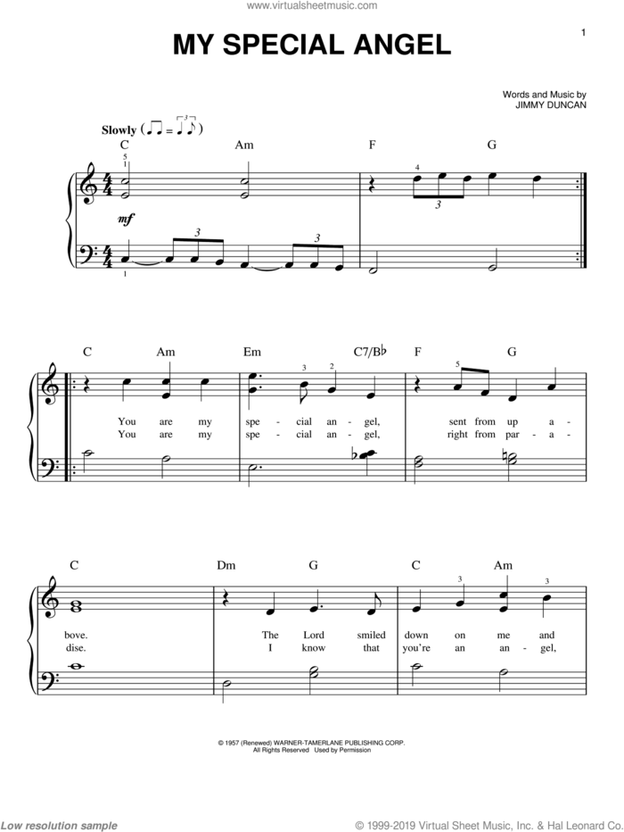 My Special Angel sheet music for piano solo by Jimmy Duncan, beginner skill level