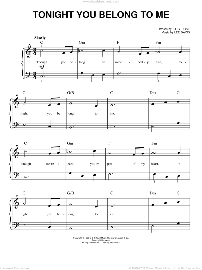 Tonight You Belong To Me sheet music for piano solo by Patience & Prudence, Billy Rose and Lee David, beginner skill level