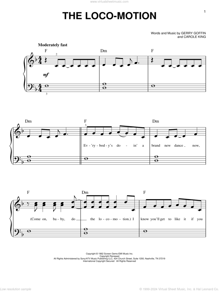 The Loco-Motion sheet music for piano solo by Little Eva, Grand Funk, Kylie Minogue, Carole King and Gerry Goffin, beginner skill level