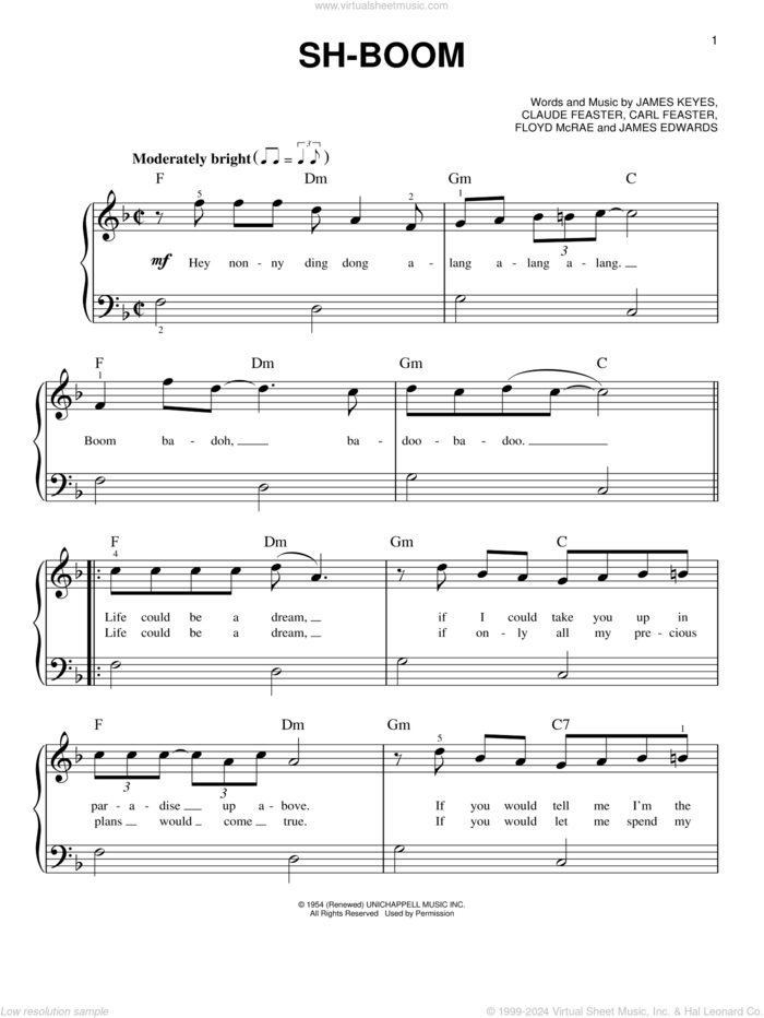 Sh-Boom (Life Could Be a Dream) sheet music for piano solo by The Crew-Cuts, Carl Feaster, Claude Feaster, Floyd McRae, James Edwards and James Keyes, beginner skill level