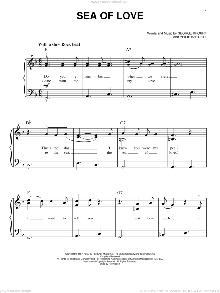 Sea Of Love sheet music for piano solo by Honeydrippers, Phil Phillips with The Twilights, George Khoury and Phil Baptiste, beginner skill level