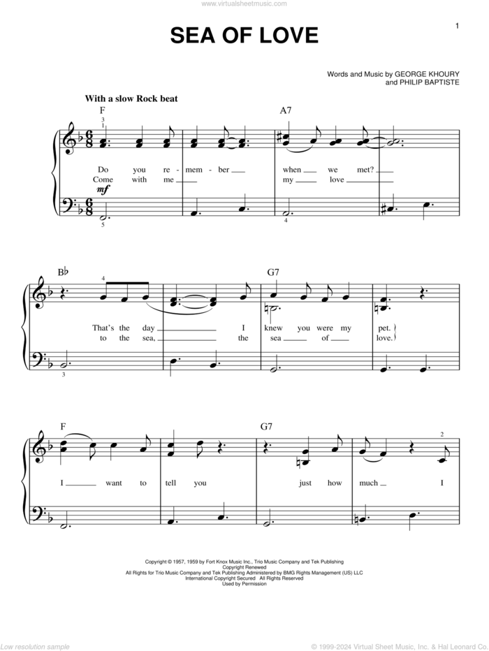 Sea Of Love sheet music for piano solo by Honeydrippers, Phil Phillips with The Twilights, George Khoury and Phil Baptiste, beginner skill level