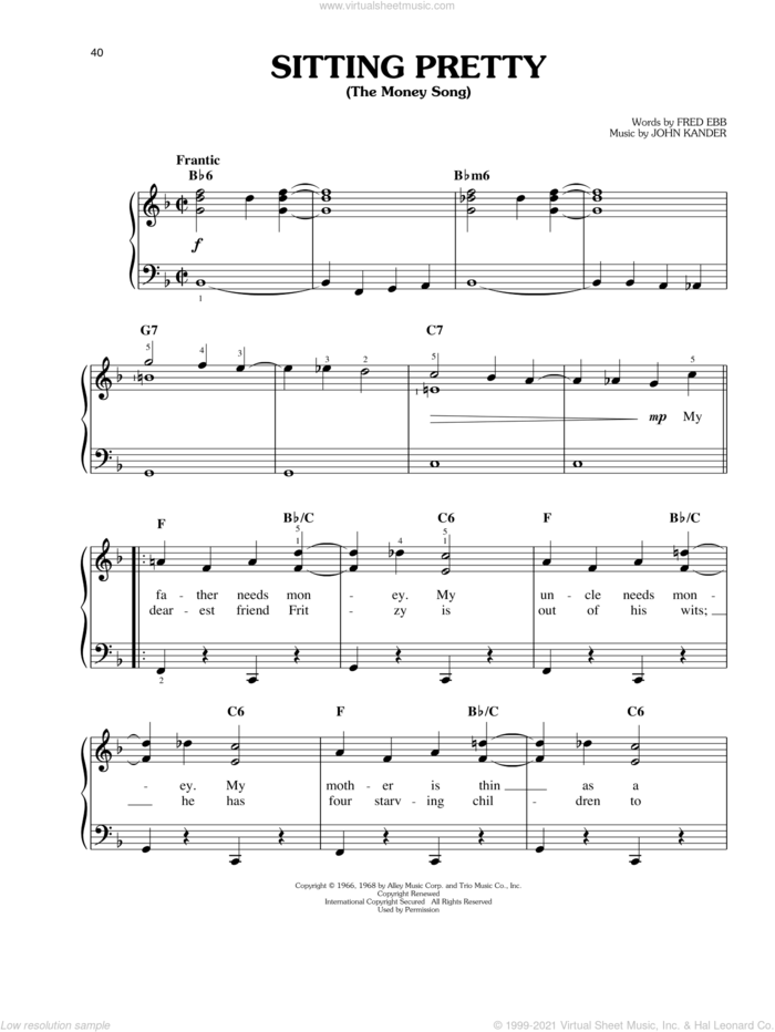Sitting Pretty (The Money Song) sheet music for piano solo by John Kander and Fred Ebb, easy skill level