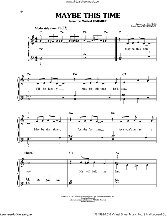 Maybe This Time sheet music for piano solo by John Kander and Fred Ebb, easy skill level