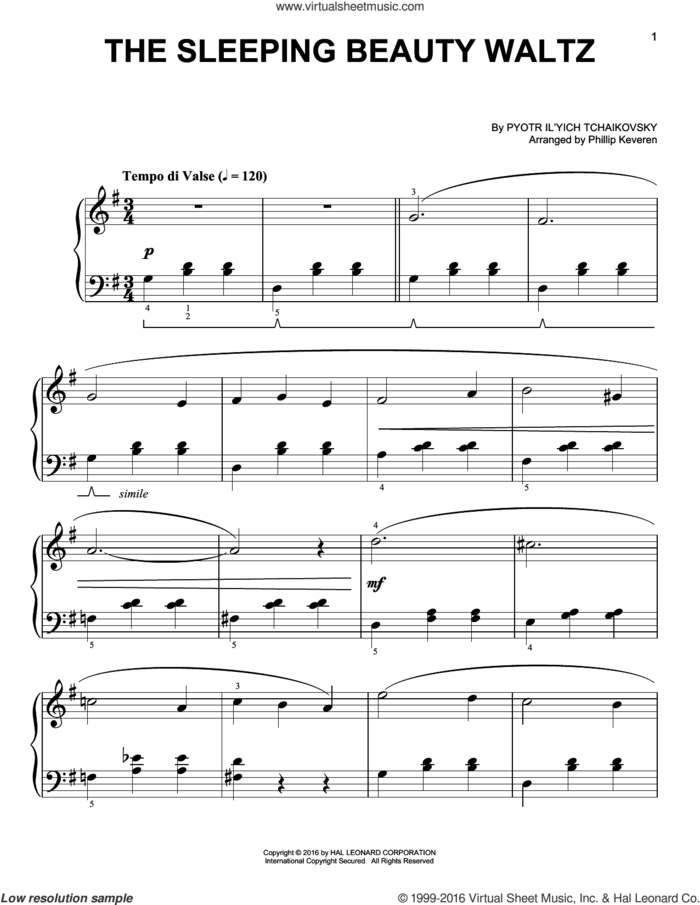 The Sleeping Beauty Waltz (arr. Phillip Keveren) sheet music for piano solo by Phillip Keveren and Pyotr Ilyich Tchaikovsky, classical score, easy skill level