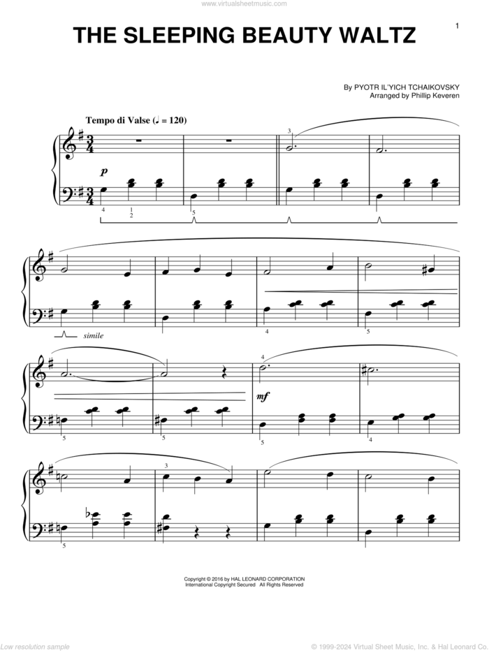 The Sleeping Beauty Waltz (arr. Phillip Keveren) sheet music for piano solo by Phillip Keveren and Pyotr Ilyich Tchaikovsky, classical score, easy skill level