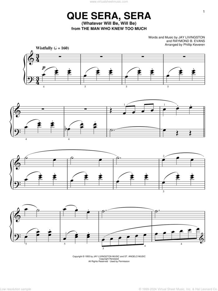 Que Sera, Sera (Whatever Will Be, Will Be) [Classical version] (arr. Phillip Keveren) sheet music for piano solo by Jay Livingston, Phillip Keveren, Doris Day and Raymond B. Evans, easy skill level