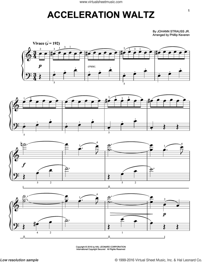 Acceleration Waltz [Classical version] (arr. Phillip Keveren) sheet music for piano solo by Johann Strauss, Jr. and Phillip Keveren, classical score, easy skill level