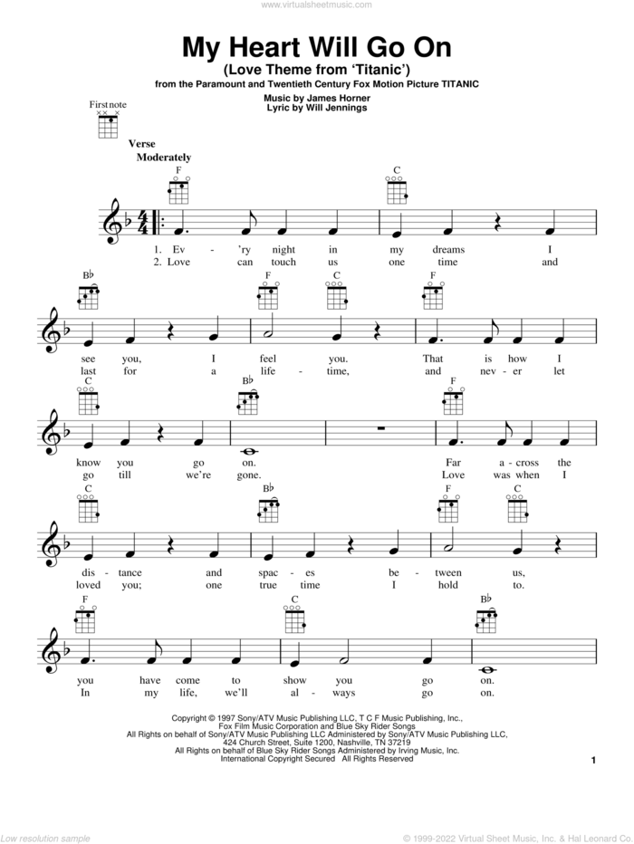 My Heart Will Go On (Love Theme From Titanic) sheet music for ukulele by Celine Dion, James Horner and Will Jennings, wedding score, intermediate skill level