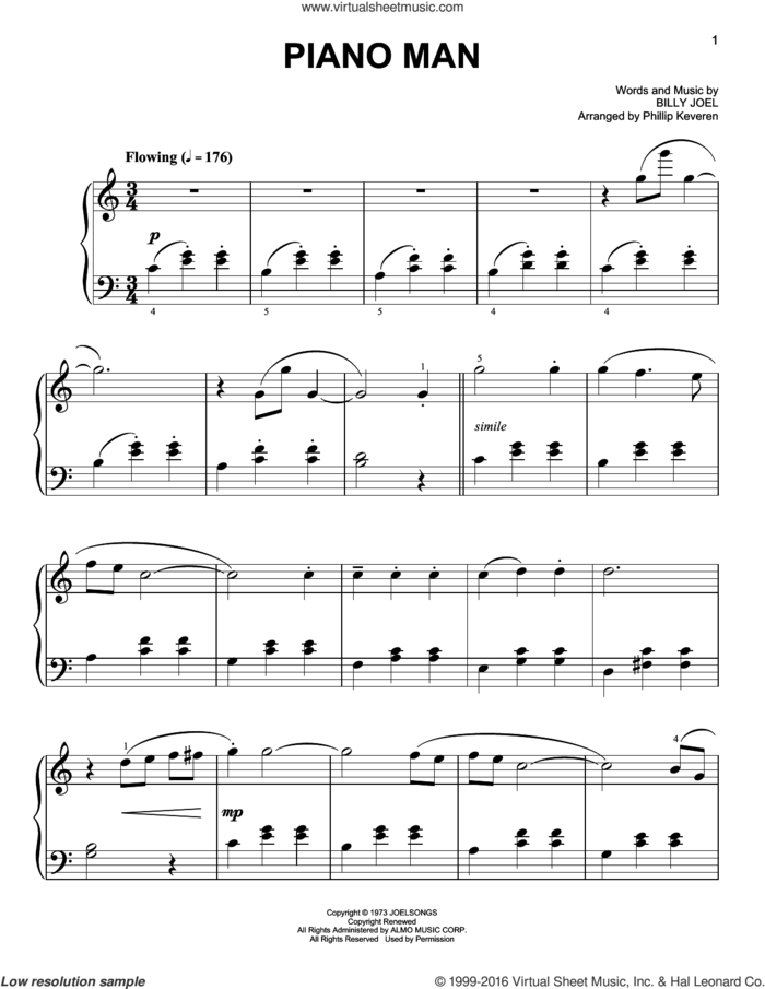 Piano Man [Classical version] (arr. Phillip Keveren), (easy) sheet music for piano solo by Billy Joel and Phillip Keveren, easy skill level