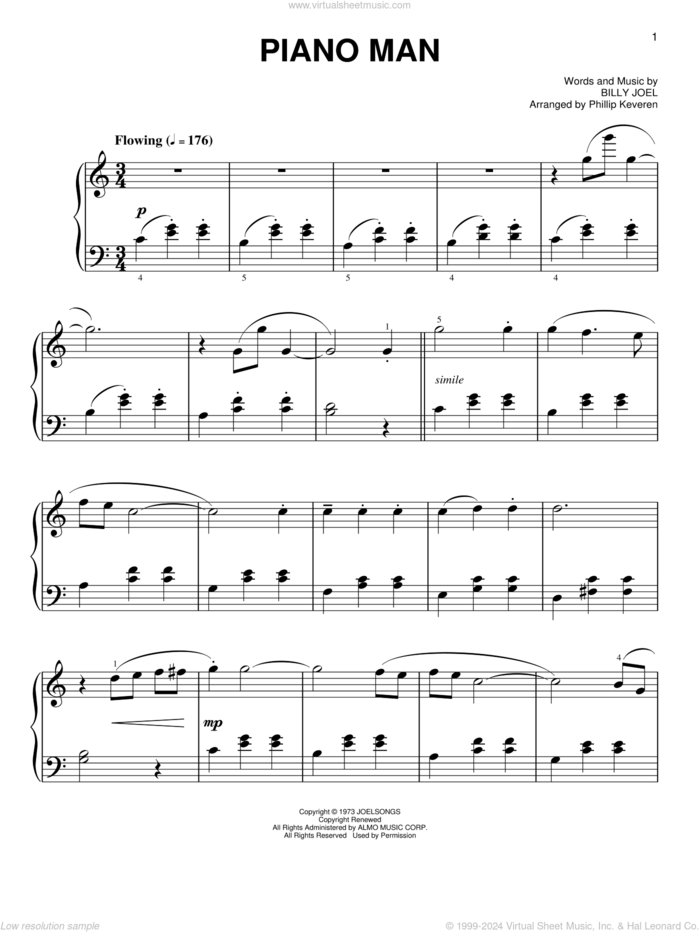 Piano Man [Classical version] (arr. Phillip Keveren), (easy) sheet music for piano solo by Billy Joel and Phillip Keveren, easy skill level