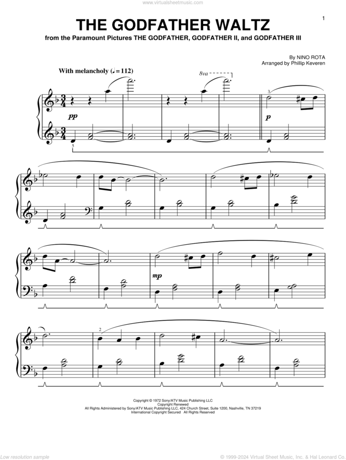 The Godfather Waltz [Classical version] (arr. Phillip Keveren) sheet music for piano solo by Nino Rota and Phillip Keveren, easy skill level