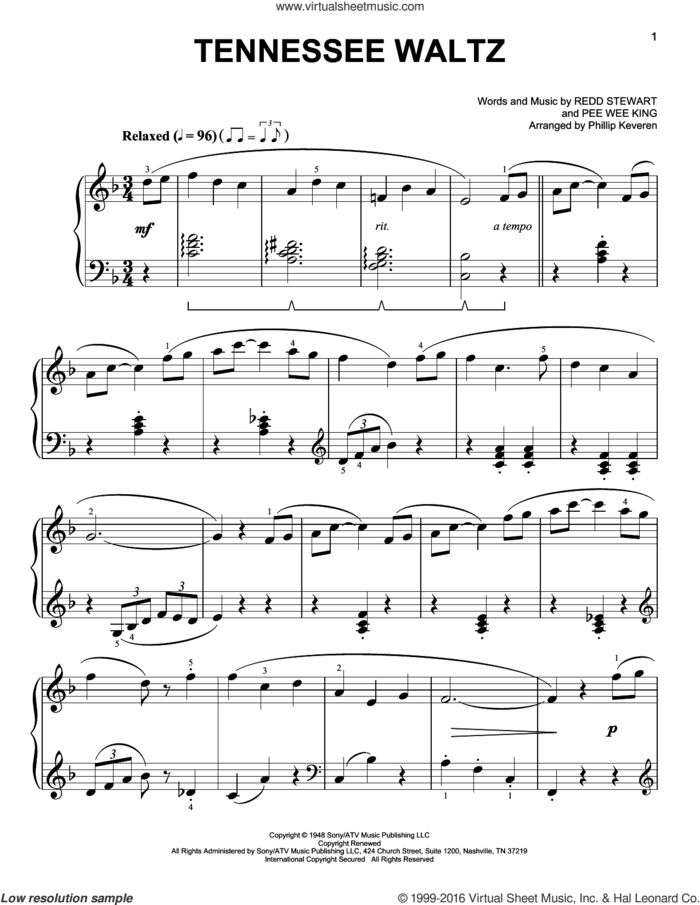 Tennessee Waltz [Classical version] (arr. Phillip Keveren) sheet music for piano solo by Pee Wee King, Phillip Keveren, Patti Page, Patty Page and Redd Stewart, easy skill level