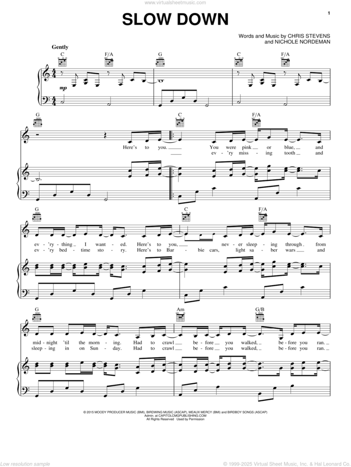 Slow Down sheet music for voice, piano or guitar by Nichole Nordeman and Chris Stevens, intermediate skill level