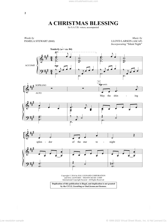A Christmas Blessing sheet music for choir (SATB: soprano, alto, tenor, bass) by Franz Gruber, Joseph Mohr and Lloyd Larson, intermediate skill level